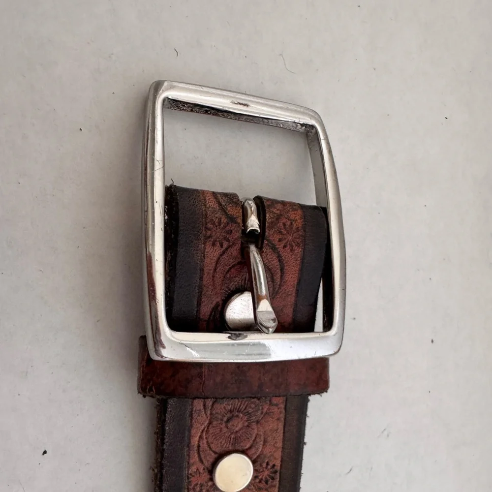 Vintage Leather Belt w/ Silvertone Buckle Marked Solid Brass Tooled Leather 32”